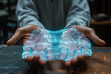 Hands, healthcare or futuristic 3d hologram overlay for wellness, life insurance in hospital clinic Zoom, black man or medical abstract for future medicine innovation or global digital development