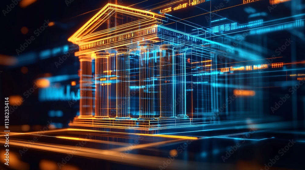 Aufkleber digital rendering of a futuristic bank building with glowing lines and vibrant colors.