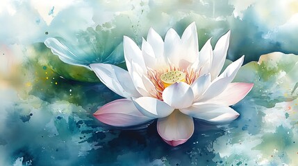 A vibrant watercolor painting of a blooming lotus flower, featuring soft pink and white petals with delicate gradients, surrounded by splashes of green and blue, abstract background patterns,