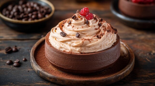 Decadent chocolate dessert topped with mocha mousse, cocoa powder, chocolate chips, and raspberries