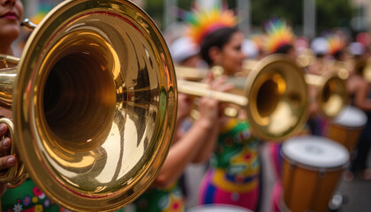 Fototapeta premium Samba band brass instruments reflecting colorful parade lights. Carnival in Brazil