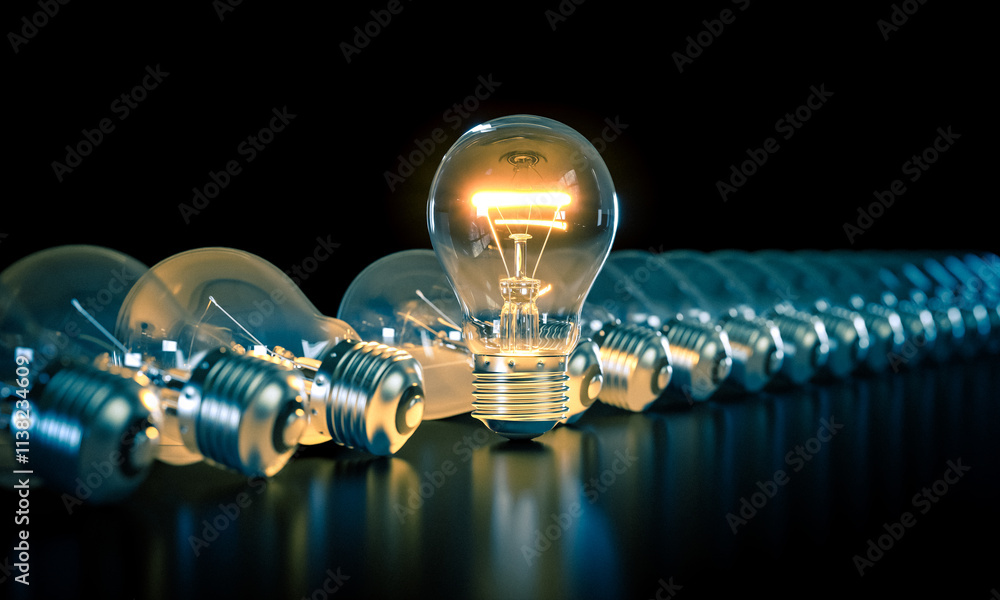 Poster bright light bulb shining in row of dim ones on dark background