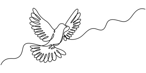 Couple of dove with love one continous line vector illustration, valentines day element design, Bird flying with heart in continuous line art drawing. One outline of dove animal. Vector illustration.