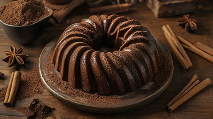 Rustic presentation of a crazy cake on a ceramic platter, surrounded by cinnamon sticks and cocoa powder
