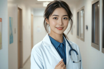 confident woman in white lab coat smiles warmly in hospital corridor, showcasing her professionalism and dedication to healthcare