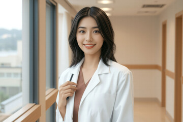 confident female doctor in white coat, holding pen, smiles in modern medical office. bright environment reflects professionalism and care