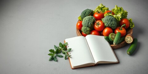 A blank notebook next to a wooden bowl filled with fresh vegetables, ready for recipe planning and a healthy lifestyle.