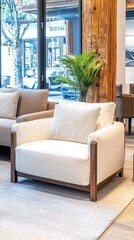 Fototapeta premium Modern Comfortable White Armchair with Wooden Accents in Stylish Living Space