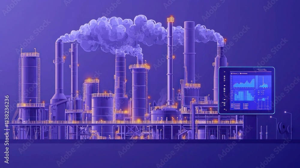 Aufkleber monitoring air pollution control: engineers analyzing emissions data by factory chimney in 2d flat i