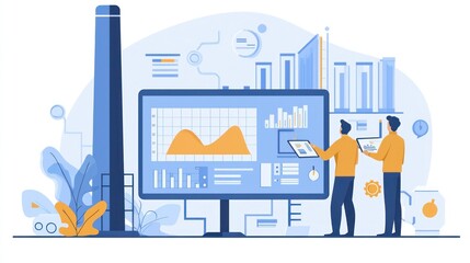 Naklejka premium Monitoring Air Pollution Data: Engineers Supervising Emissions Control at Factory Chimney - 2D Flat Illustration