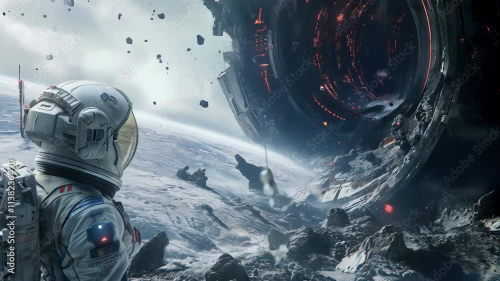 Poster an astronaut on a strange alien planet in front of a giant alien structure