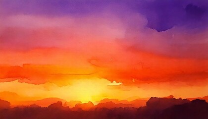Abstract Watercolor Sunset Sky Background with Orange and Purple Tones