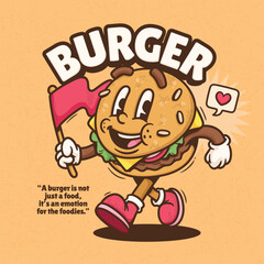 Burger Cute Trendy Retro Cartoon Vector Hand Drawn 