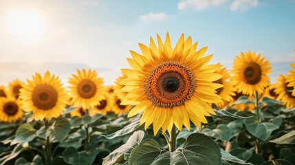 Fototapeta premium Home gardening and soil relaxation, A vibrant field of sunflowers basking in sunlight, showcasing their bright yellow petals against a clear blue sky.