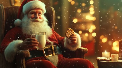 Santa Claus sits in a chair and eating a cookies on festive background	