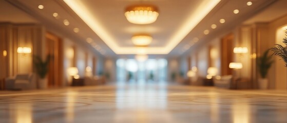 Blurred interior of a luxurious hotel lobby with shiny floor, warm lighting, and elegant furniture.