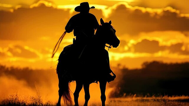 Silhouette of a cowboy on horseback with a lasso in his hand