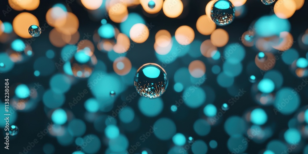 Poster a mesmerizing close-up of vibrant droplets suspended in a colorful bokeh background, creating a drea