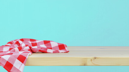 Rustic Wooden Tabletop Mockup with Red and White Checkered Kitchen Towel on a Blue Background, Perfect for Food Product Display, Branding, and Marketing.