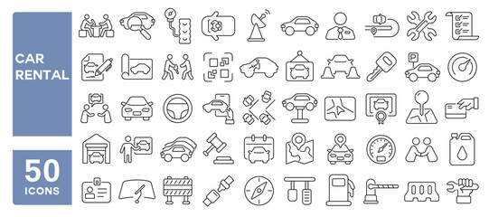 Set of 50 line icons related to car rental, sharing, automobile, transport, dealer, contract, exhibition, inspection, garage, ride, Editable stroke. Vector illustration