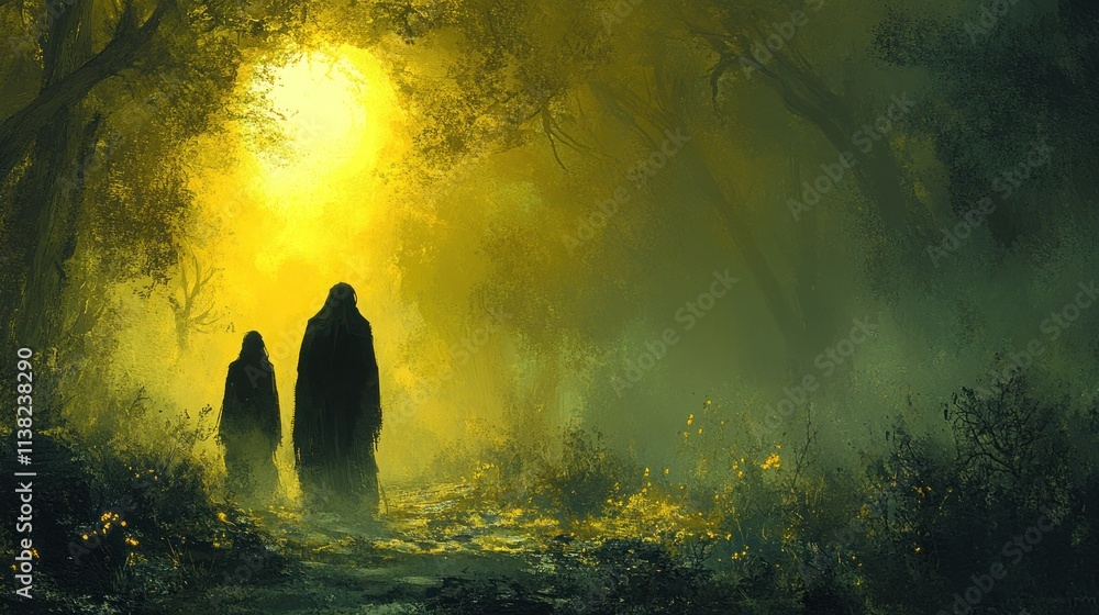 Poster a mysterious forest scene with two shadowy figures illuminated by a glowing light.