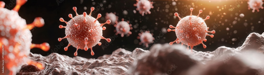 Poster a close-up view of virus particles on a textured surface, highlighting their unique structures and c