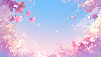 Pastel pink cherry blossoms drift gently on a soft blue sky, creating a dreamy, romantic atmosphere. Delicate petals dance in the breeze.