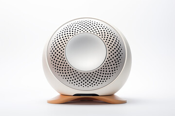Modern, minimalist, and futuristic wireless speaker in a compact design, showcasing sleek aesthetics and advanced technology, displayed on a clean white background for a contemporary appeal