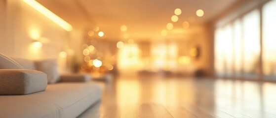 Blurred modern interior design showing a sunlit living room with comfortable seating.