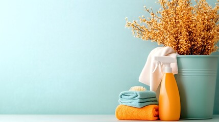 Orange dried flowers with cleaning supplies, horizontal, suitable for natural cleaning products, eco-friendly household items and spring cleaning promotions