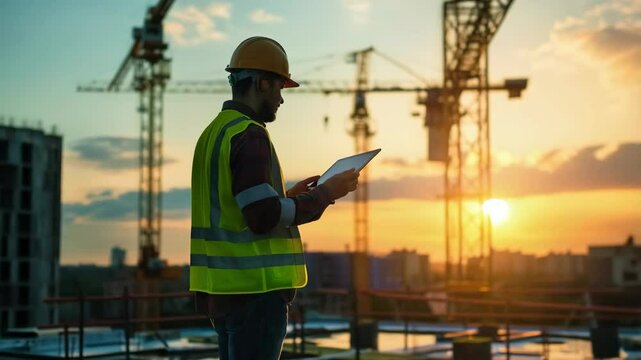 A foreman standing on the roof on construction site with cranes, using his tablet