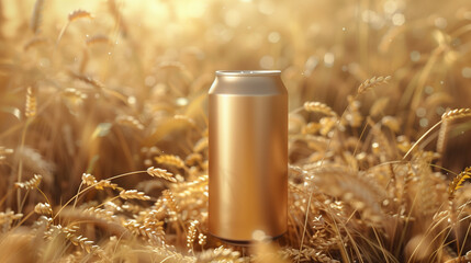 A blank craft beer can mockup against full barley background,