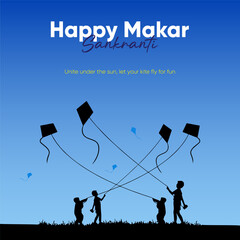 Colorful kites fly in the sky with Happy Makar Sankranti in festive font Children fly kites against a blue sky capturing the joy and spirit of the festival
