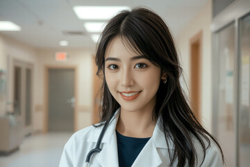 smiling female doctor in hospital corridor, wearing white coat and stethoscope, exuding professionalism and warmth