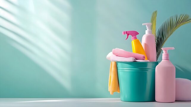 Yellow cleaning supplies on turquoise background, horizontal, perfect for cleaning services, spring cleaning promotions, eco-friendly household products and home maintenance content
