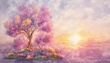 Dreamy pastel landscape with a magical blooming tree at sunrise