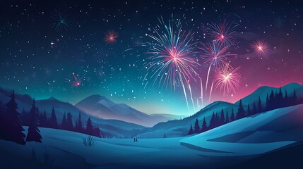 Fototapeta premium Festive Fireworks Over Snowy Hills at Midnight 