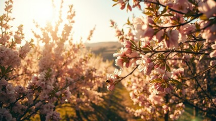 Fototapeta premium A delicate bee pollinates delicate pink blossoms on a tree branch, bathed in the warm glow of the setting sun.