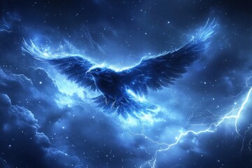 Fototapeta premium Majestic Blue Eagle Soars Through a Starry Night Sky Illuminated by Cosmic Energy and Lightning in a Stunning Dreamlike Digital Art Composition