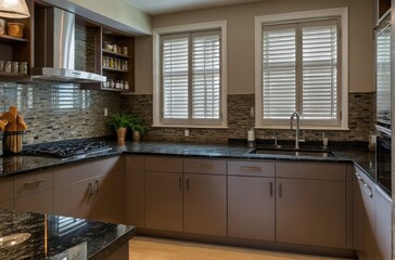 Modern Parallel Kitchen Design With Champagne Shutters And Granite Kitchen Countertop