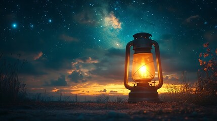 A bright lantern glowing softly as it rises into a vast, starry sky, the warm hues of its light contrasting against the cool tones of the night, creating a magical and uplifting scene, hd quality,