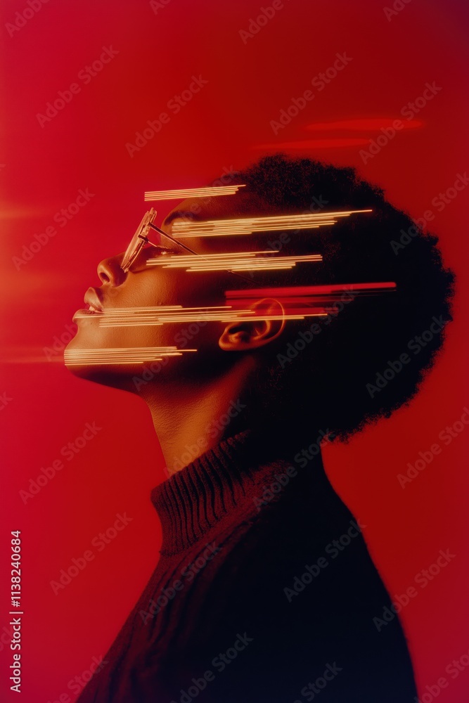 Poster a man with a black sweater and glasses is looking at the camera. the image is in red and black, and 