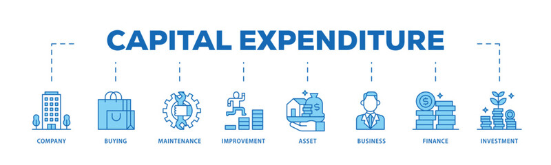 Capital expenditure infographic icon flow process which consists of company, buying, maintenance, improvement, asset, business, finance, investment icon live stroke and easy to edit .