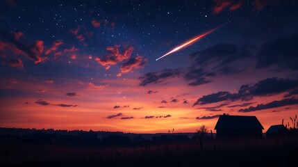 A bright shooting star streaking across a richly colored twilight sky, its radiant trail illuminating wispy clouds, with a silhouette of a quiet village below, tranquil and enchanting, hd quality,