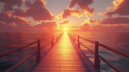 Serene Sunset over Calm Ocean with Wooden Pier Extending to Horizon