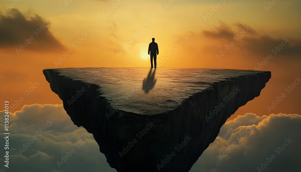 Aufkleber Solitary Figure Standing on an Abstract Triangular Platform Above Clouds at Sunset, Symbolizing Isolation, Contemplation, and Journey into the Unknown