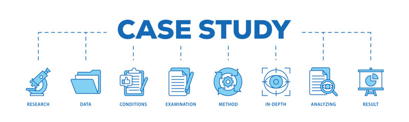 Case study infographic icon flow process which consists of research, data, conditions, examination, method, in-depth, analyzing, and result icon live stroke and easy to edit .