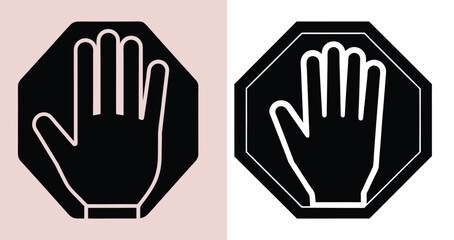 stop sign, hand symbol, black and white, graphic design, minimalist icon, road safety.