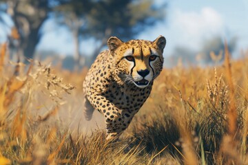 Naklejka premium Majestic Cheetah Sprinting Through Golden Grass Under Clear Blue Sky in a Sunlit African Savanna Landscape