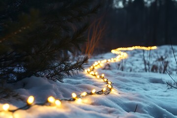 Christmas Lights Wrapping Around Pine Tree in Snow 